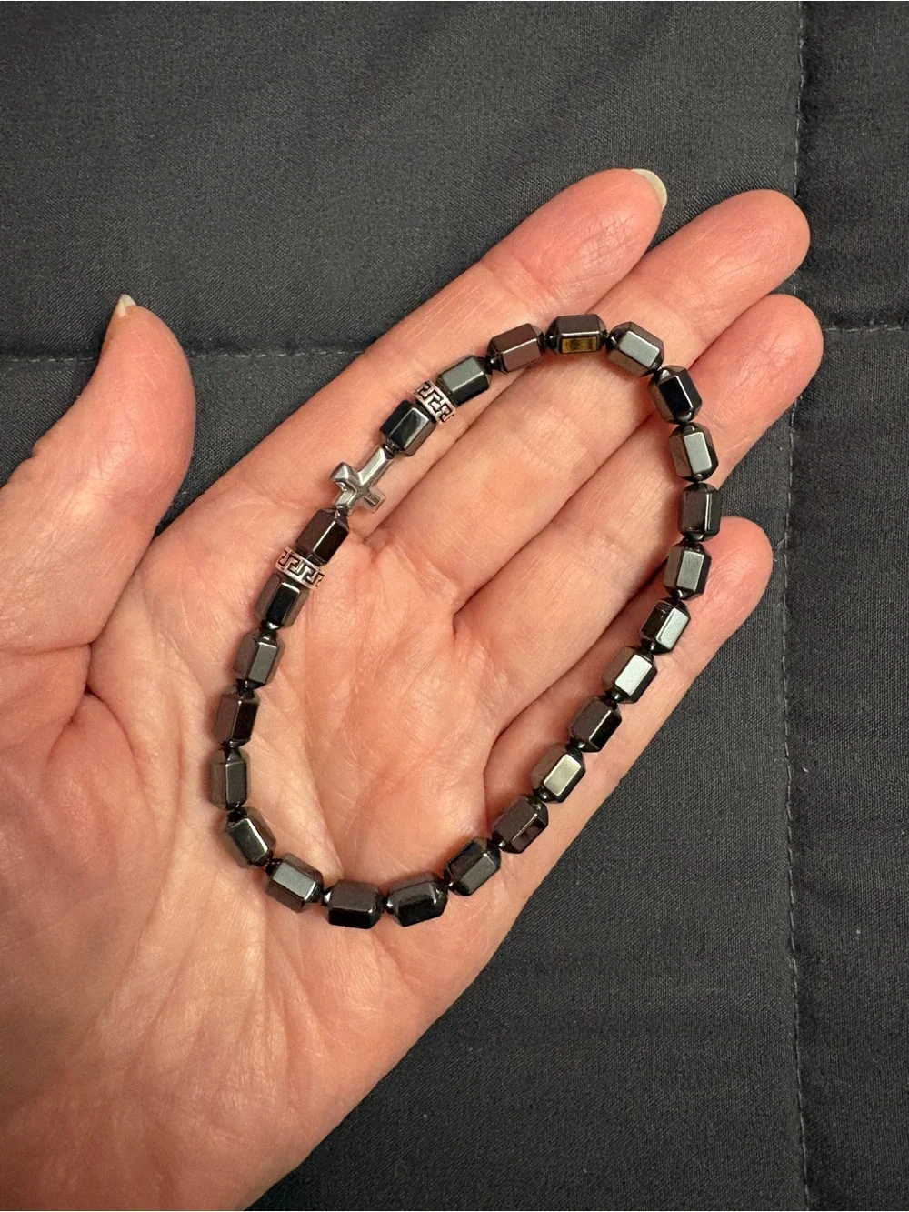 Steeltime Men’s Sterling Silver Cross & Hematite Beaded Stretch Bracelet - NIP